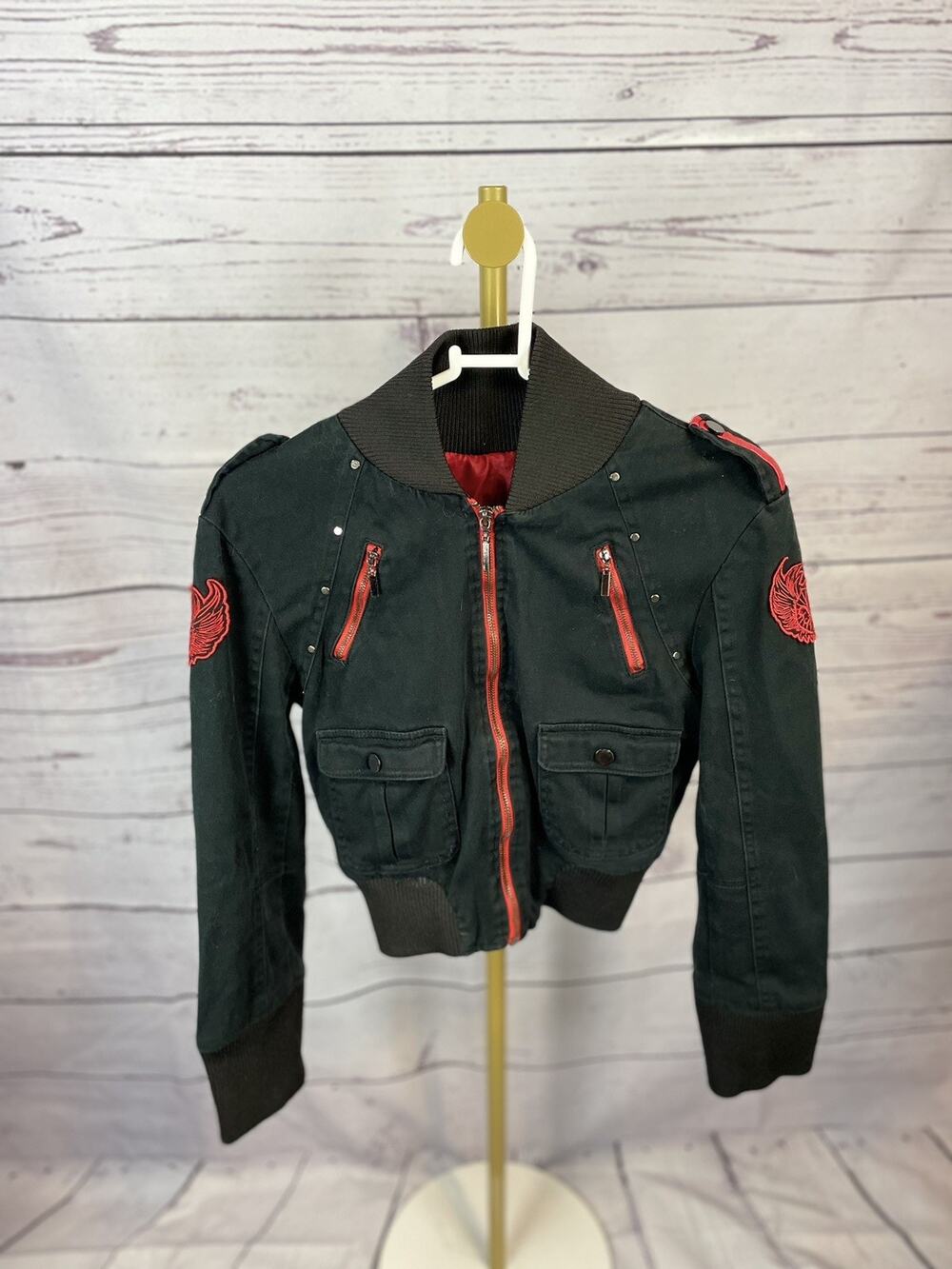 Pink Smith Shorty Kids Cropped Military Bomber Jacket M Black Red Wing Patch Zip